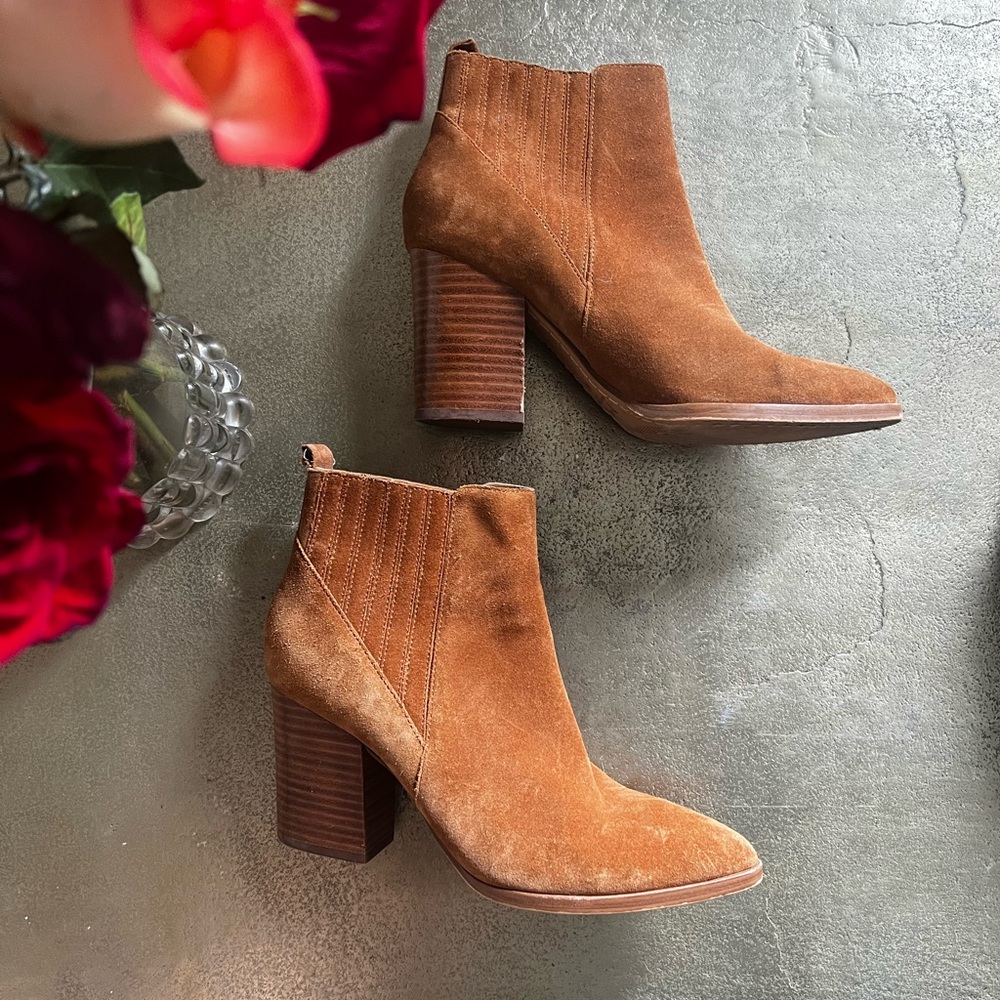 Marc Fisher Tan Ankle Booties with Stacked Heel